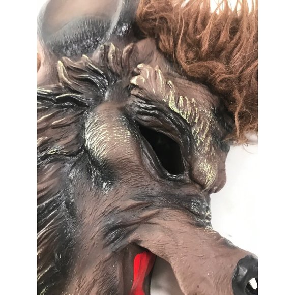 Scary Werewolf Mask Full Head Mask Adult Size Latex Face With Brown Fur Fangs - Picture 11 of 12